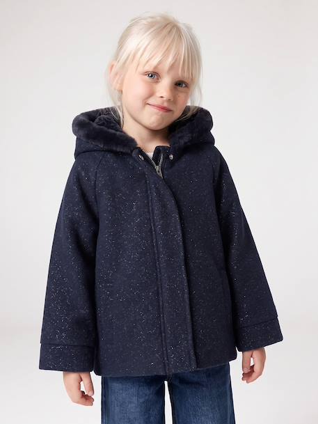 Woollen Fabric Coat with Hood marl beige+navy blue 