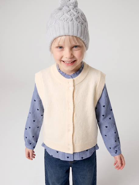 Sleeveless knitted cardigan with front button for girls lilac+vanilla 