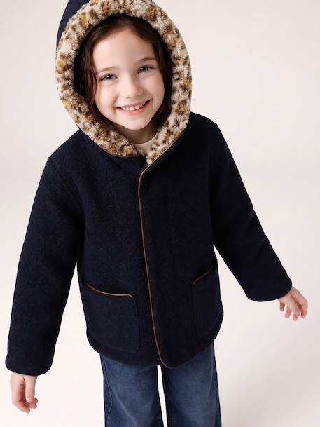 Hooded coat for girls camel+navy blue 