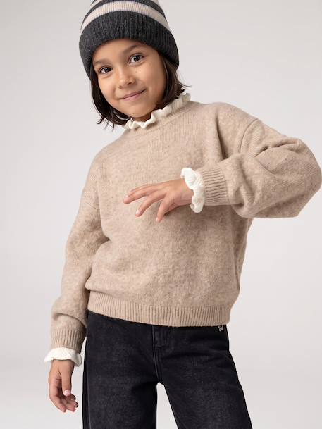 High-neck jumper for girls camel+old rose 