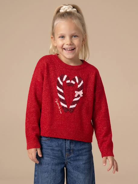 Christmas Gift Box with Jacquard Knit Reindeer Jumper + 2 Scrunchies for Girls ecru+pale pink+red 
