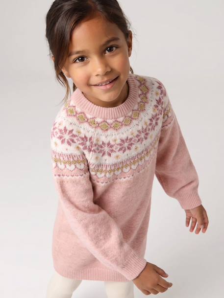 Jacquard knit dress with long sleeves for girls camel+rosy+sage green 