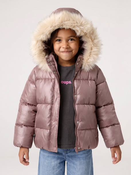 Padded Jacket with Hood & Polar Fleece Lining for Girls gold+mauve+rosy 