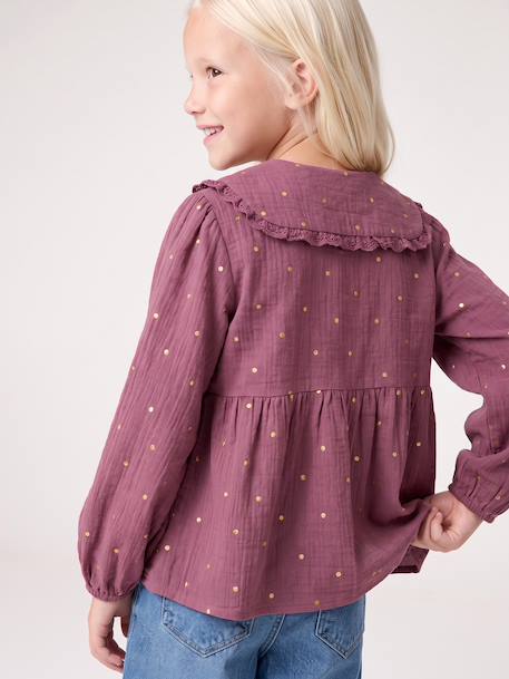 Shirt in Cotton Gauze with Broderie Anglaise Collar, for Girls ecru+emerald green+plum 