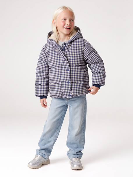 Hooded puffer jacket for girls blue+navy blue 