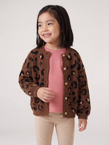 Knitted Cardigan with Animal Pattern, for Girls brown+chocolate+ecru+green 