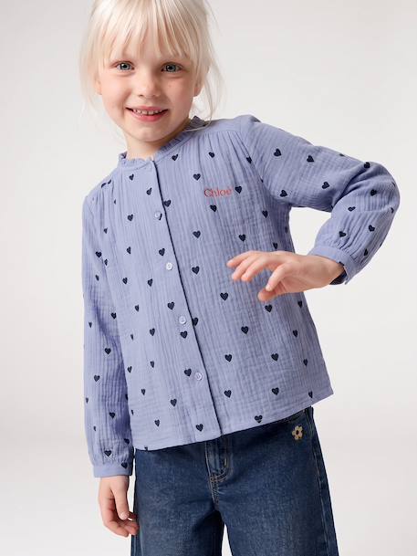 Cotton Gauze Shirt for Girls chambray blue+ecru+gold+mauve+printed white 