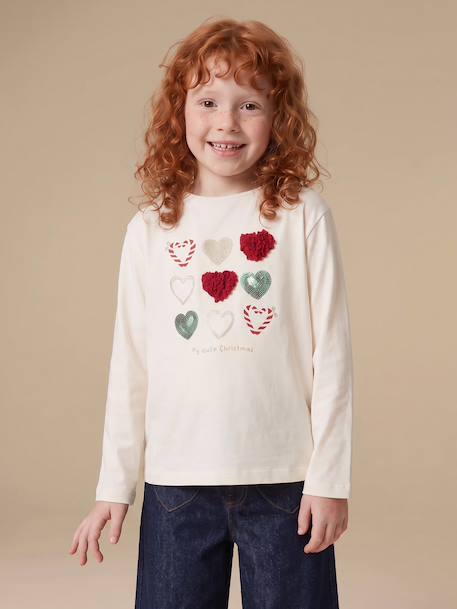 Long Sleeve T-Shirt with Heart in Relief, for Girls blush+ecru+green+white 