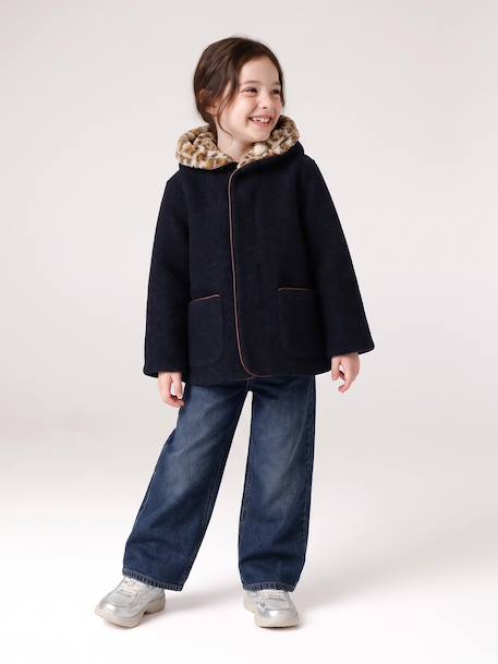 Hooded coat for girls camel+navy blue 
