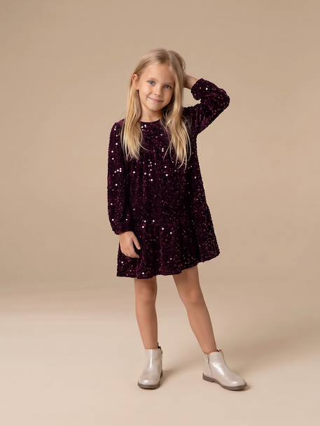 Long-sleeved sequin dress for girls plum 