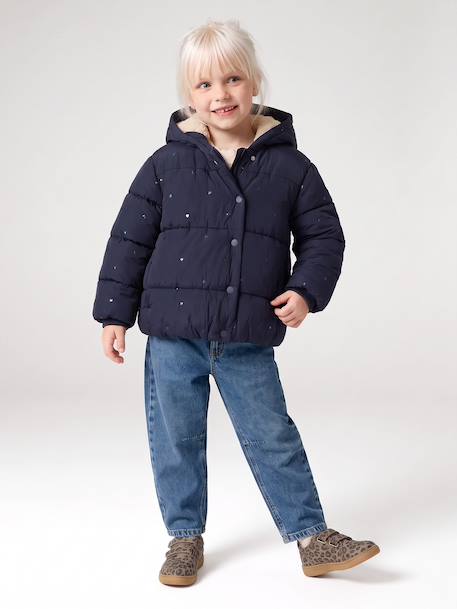 Hooded puffer jacket for girls blue+navy blue 
