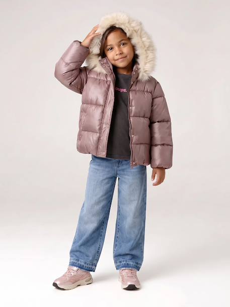 Padded Jacket with Hood & Polar Fleece Lining for Girls gold+mauve+rosy 