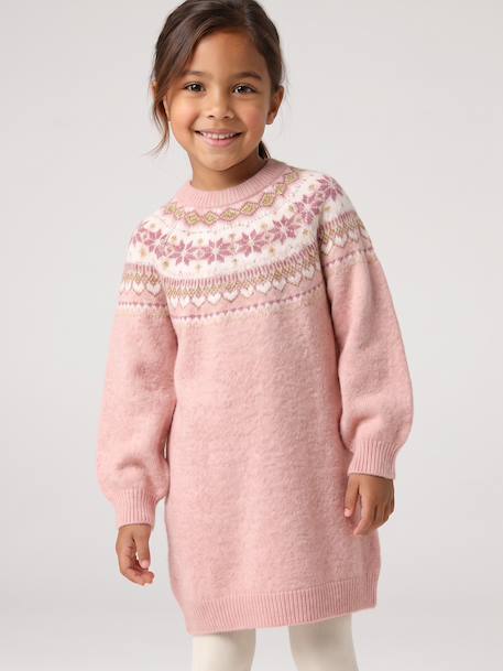 Jacquard knit dress with long sleeves for girls camel+rosy+sage green 