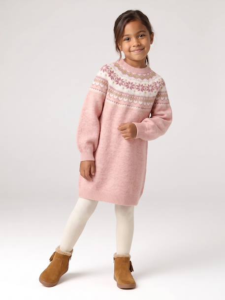 Jacquard knit dress with long sleeves for girls camel+rosy+sage green 