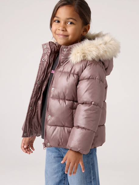 Padded Jacket with Hood & Polar Fleece Lining for Girls gold+mauve+rosy 