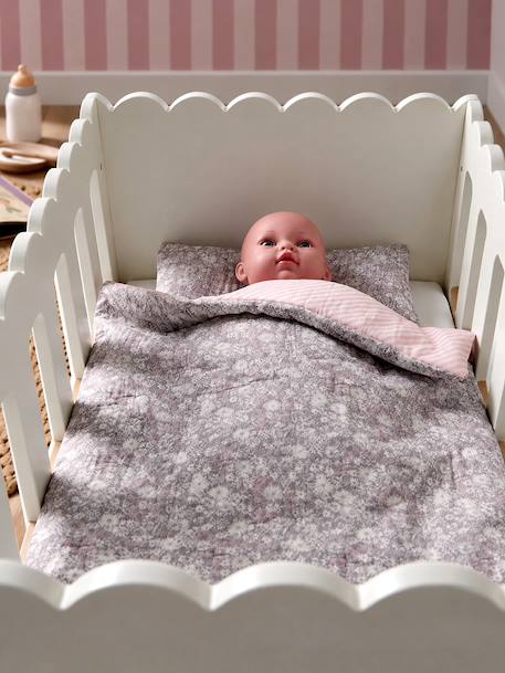 Blanket + Pillow for Dolls, in Cotton Gauze printed pink+White+yellow 
