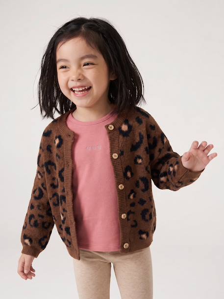 Knitted Cardigan with Animal Pattern, for Girls brown+chocolate+ecru+green 