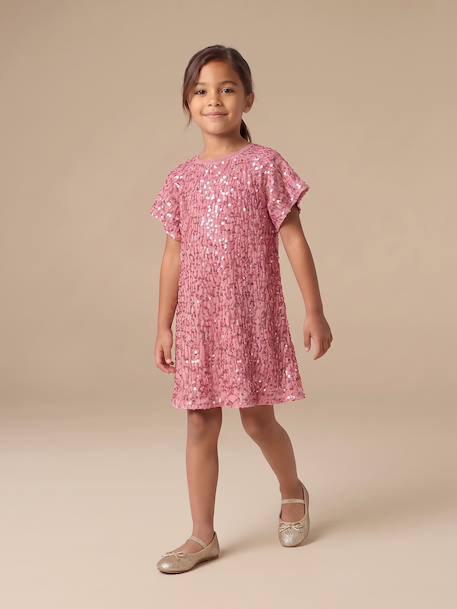Girl's velvet and sequin dress red+rose+silver 