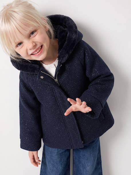 Woollen Fabric Coat with Hood marl beige+navy blue 