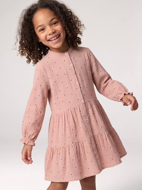 Polka Dot Dress in Cotton Gauze for Girls fir green+pecan nut+plum+sage green 