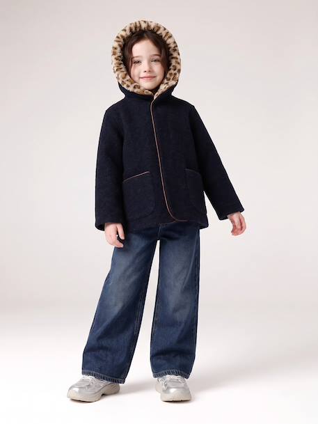 Hooded coat for girls camel+navy blue 