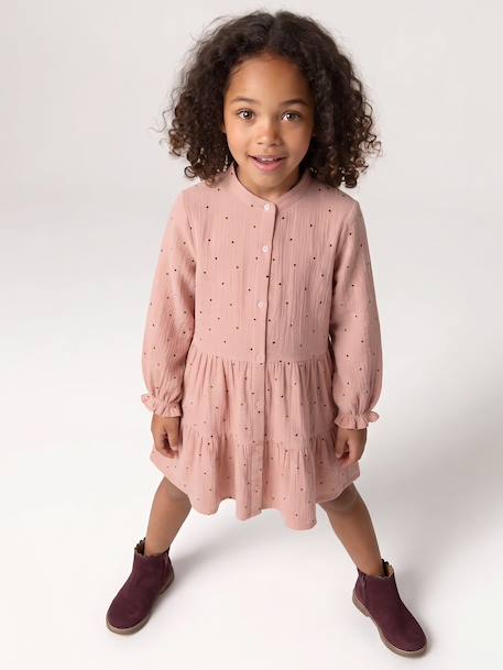 Polka Dot Dress in Cotton Gauze for Girls fir green+pecan nut+plum+sage green 