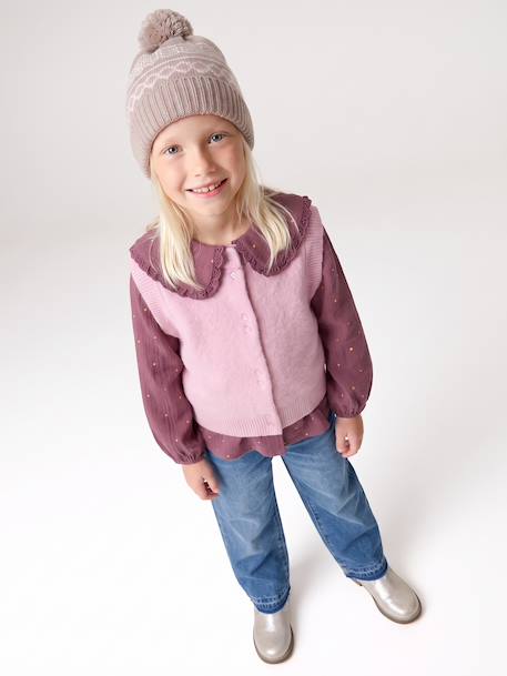 Sleeveless knitted cardigan with front button for girls lilac+vanilla 