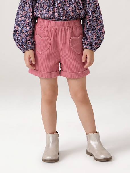Corduroy Shorts with Heart Pockets, Easy To Slip On, for Girls khaki+navy blue+old rose+rose 
