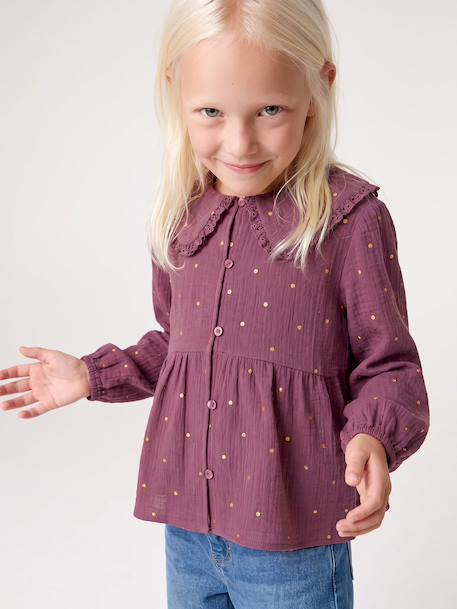 Shirt in Cotton Gauze with Broderie Anglaise Collar, for Girls ecru+emerald green+plum 