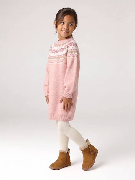 Jacquard knit dress with long sleeves for girls camel+rosy+sage green 