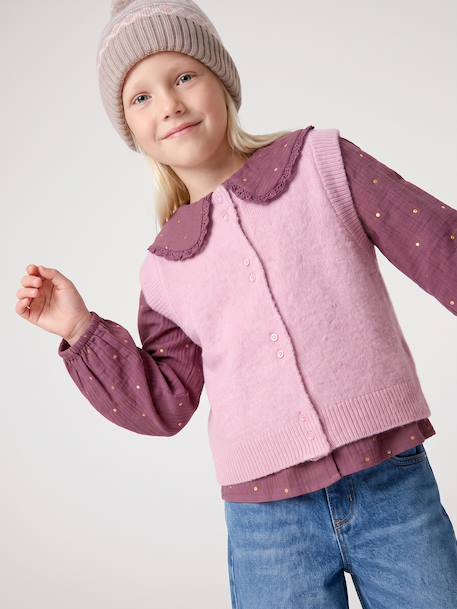 Sleeveless knitted cardigan with front button for girls lilac+vanilla 
