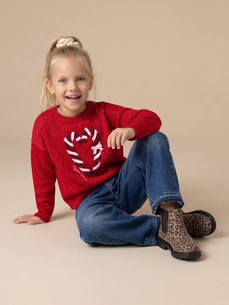 Christmas Gift Box with Jacquard Knit Reindeer Jumper + 2 Scrunchies for Girls ecru+pale pink+red 