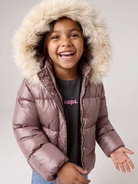 Padded Jacket with Hood & Polar Fleece Lining for Girls gold+mauve+rosy 