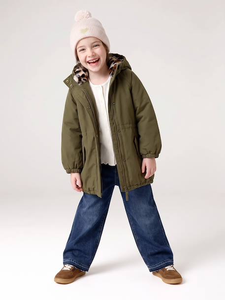 Hooded Parka with Faux Fur Lining for Girls black+camel+dark green+dusky pink+navy blue+plum 
