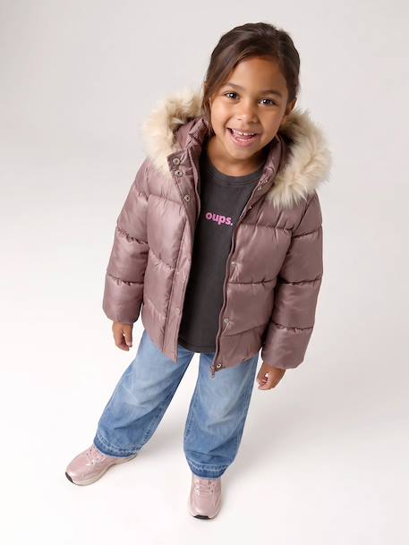 Padded Jacket with Hood & Polar Fleece Lining for Girls gold+mauve+rosy 