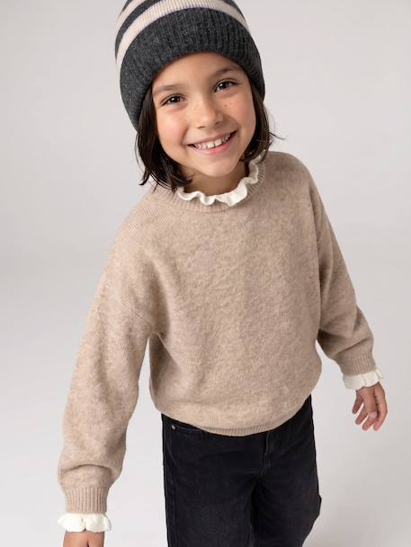 High-neck jumper for girls camel+old rose 