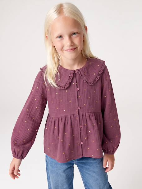 Shirt in Cotton Gauze with Broderie Anglaise Collar, for Girls ecru+emerald green+plum 