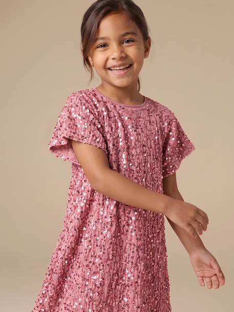 Girl's velvet and sequin dress red+rose+silver 