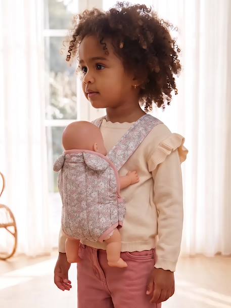 Baby Carrier For Dolls, in Cotton Gauze black+printed pink+rose+yellow 