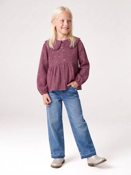 Shirt in Cotton Gauze with Broderie Anglaise Collar, for Girls ecru+emerald green+plum 