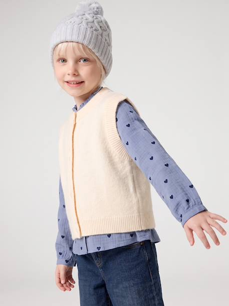 Sleeveless knitted cardigan with front button for girls lilac+vanilla 