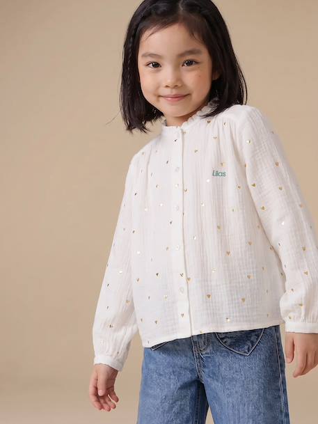 Cotton Gauze Shirt for Girls chambray blue+ecru+gold+mauve+printed white 