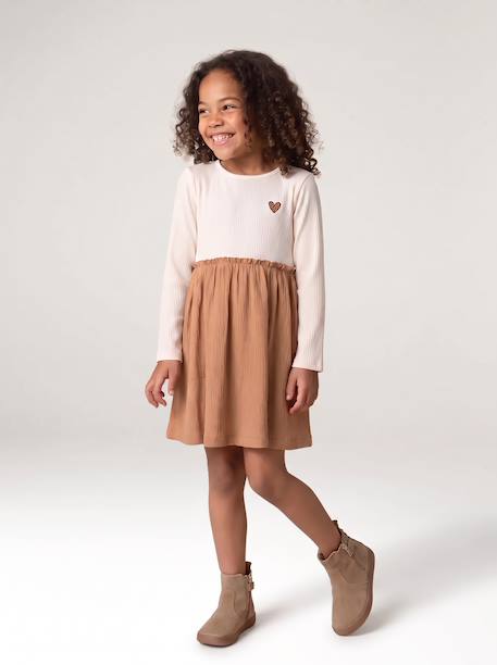 2-in-1 long-sleeved dress for girls camel 