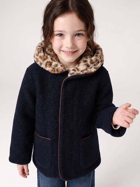 Hooded coat for girls camel+navy blue 