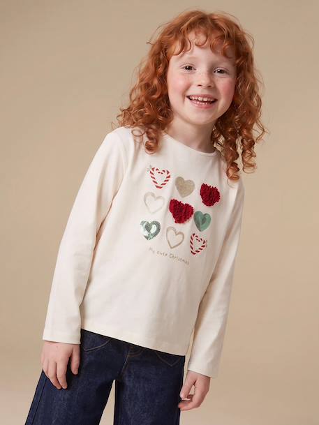 Long Sleeve T-Shirt with Heart in Relief, for Girls blush+ecru+green+white 