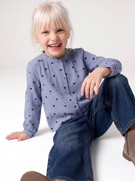 Cotton Gauze Shirt for Girls chambray blue+ecru+gold+mauve+printed white 