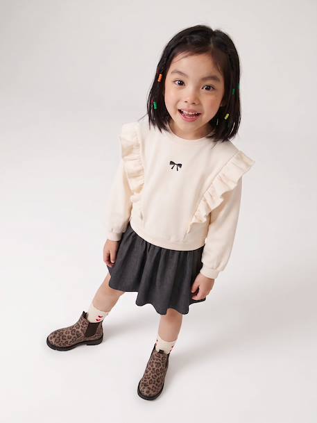 Long-sleeved dress for girls ecru+navy blue 