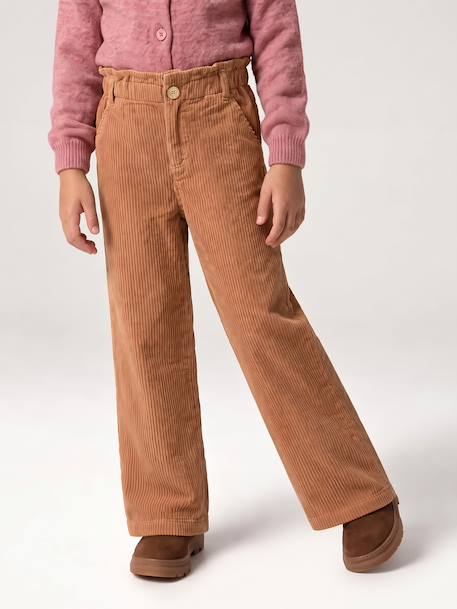 Wide Corduroy Paperbag Trousers for Girls bordeaux red+camel+mauve+navy blue+olive 