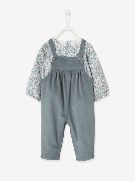 Blouse & Corduroy Dungarees Combo for Baby Girls Dark Blue+old rose 