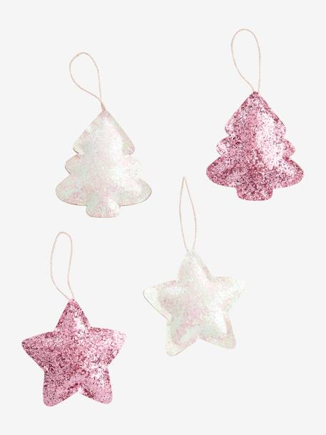 Set of 4 Christmas Decorations, Glitter Pink 